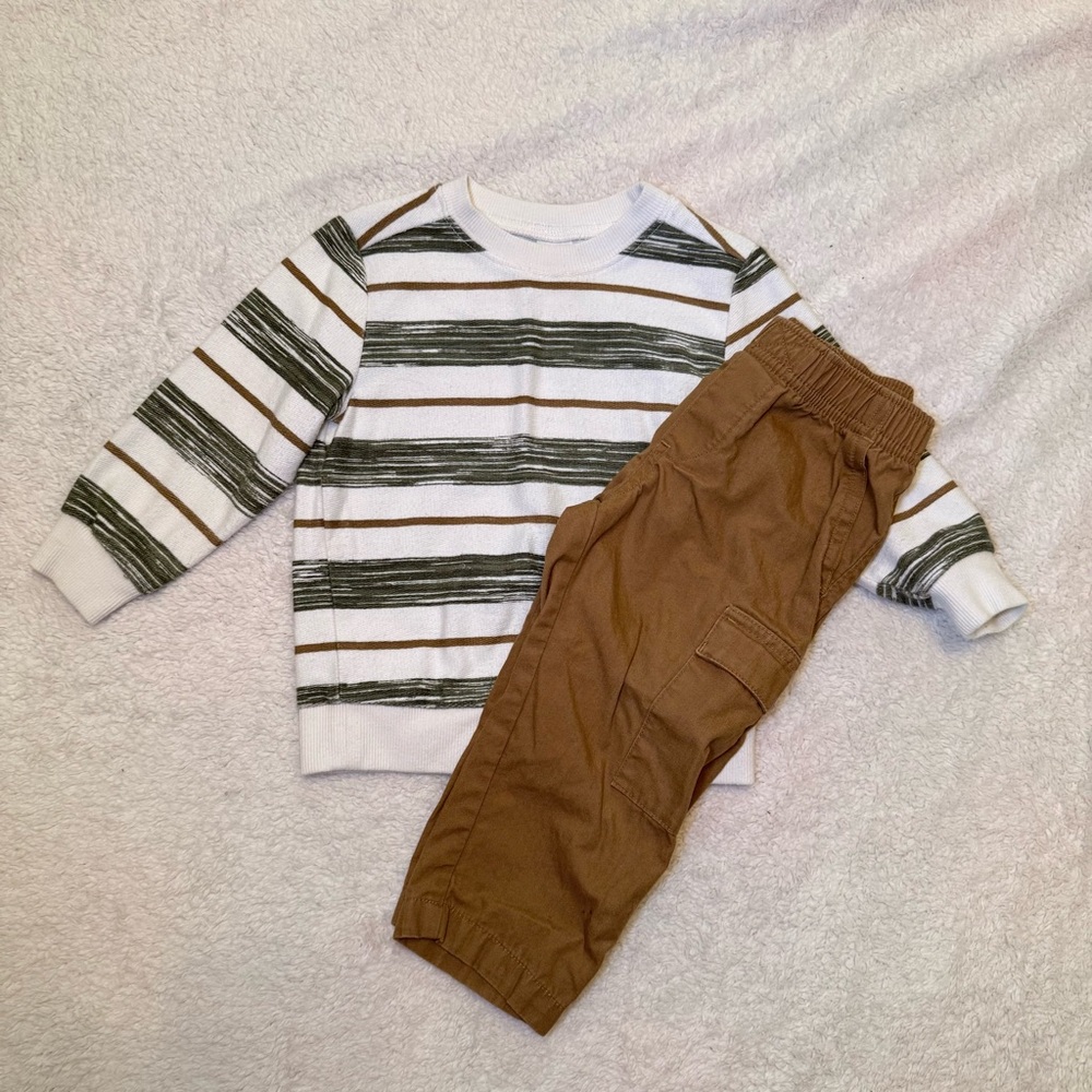 Carter's White and Green Striped Top with Brown Pants Set
